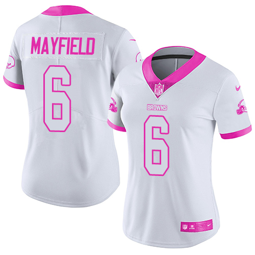 Nike Browns #6 Baker Mayfield White/Pink Women's Stitched NFL Limited Rush Fashion Jersey - Click Image to Close